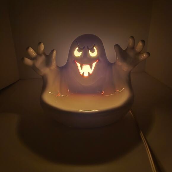Light-Up Ceramic Ghost Candy Dish Halloween Decor SC Signed 12"x9"x9" - Picture 3 of 16